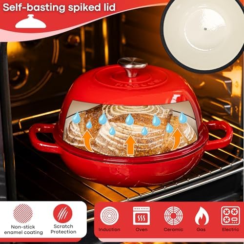 Enamelled Cast Iron Dutch Oven Pot – Dutch Oven For Sourdough Bread Baking – Cast Iron Bread Pot – Red, 6 Quarts, 26cm – by Nuovva - Image 4