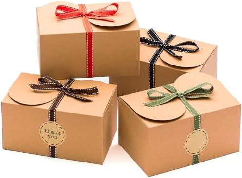 Large Brown Kraft Cookie Boxes with Ribbons & Sticker (20 Pack) 9” x 5.5” Decorative Craft Gift Boxes for Baked Goods, Candy, Bread Loaf, Small Treats, Christmas, Food Packaging, Empty, Bulk, Foldable