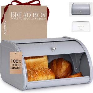 FINESSY Modern Metal Bread Box for Kitchen Countertop, Farmhouse Homemade Loaf Bread Storage Bin Holder for Kitchen Counters Organizer, Airtight Roll Top Sourdough Corner Breadbox Container Keeper