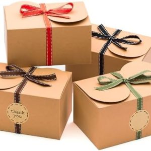 Large Brown Kraft Cookie Boxes with Ribbons & Sticker (20 Pack) 9” x 5.5” Decorative Craft Gift Boxes for Baked Goods, Candy, Bread Loaf, Small Treats, Christmas, Food Packaging, Empty, Bulk, Foldable